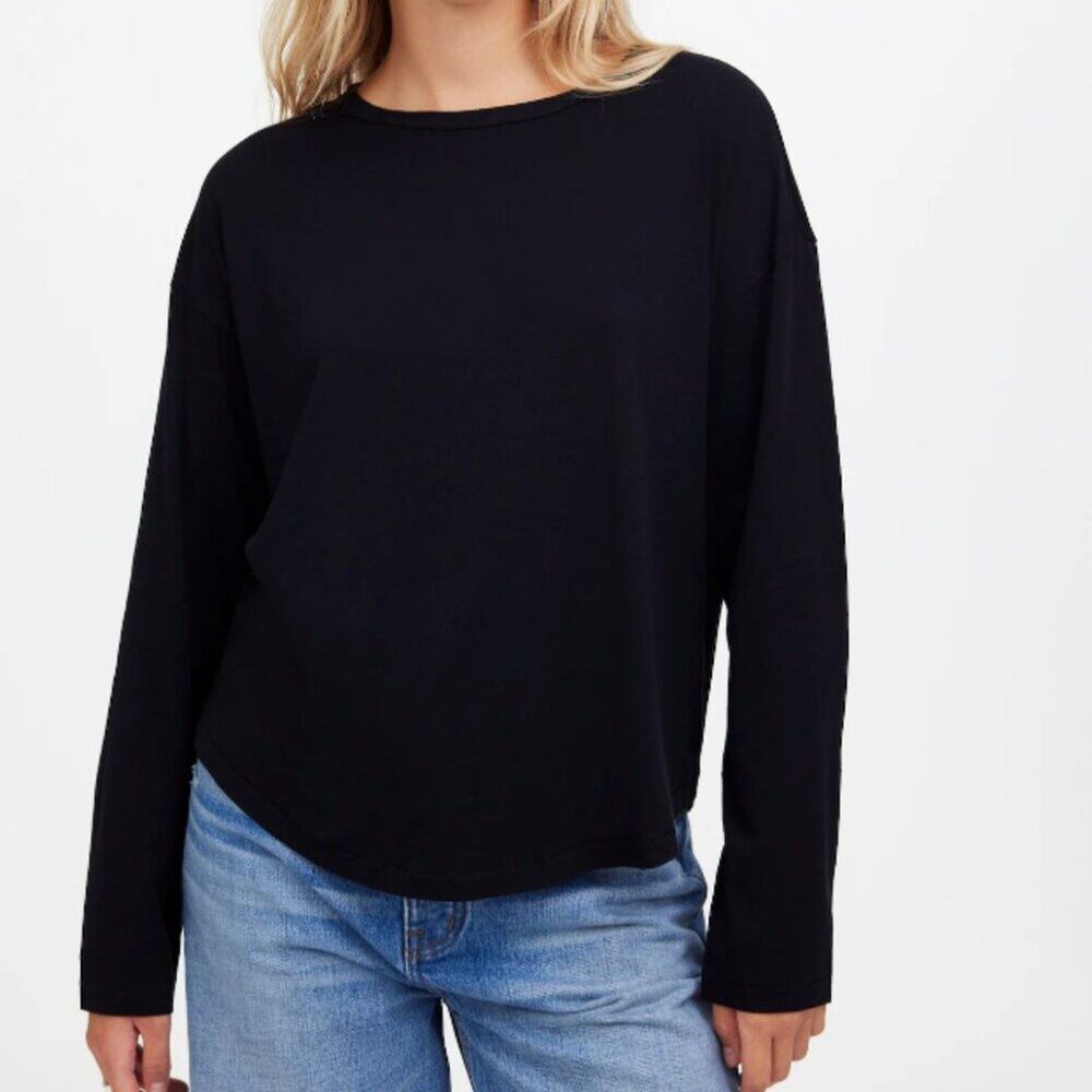 Madewell Top Womens Relaxed Long-Sleeve Crewneck‎ Tee Black 100% Cotton XXS NEW